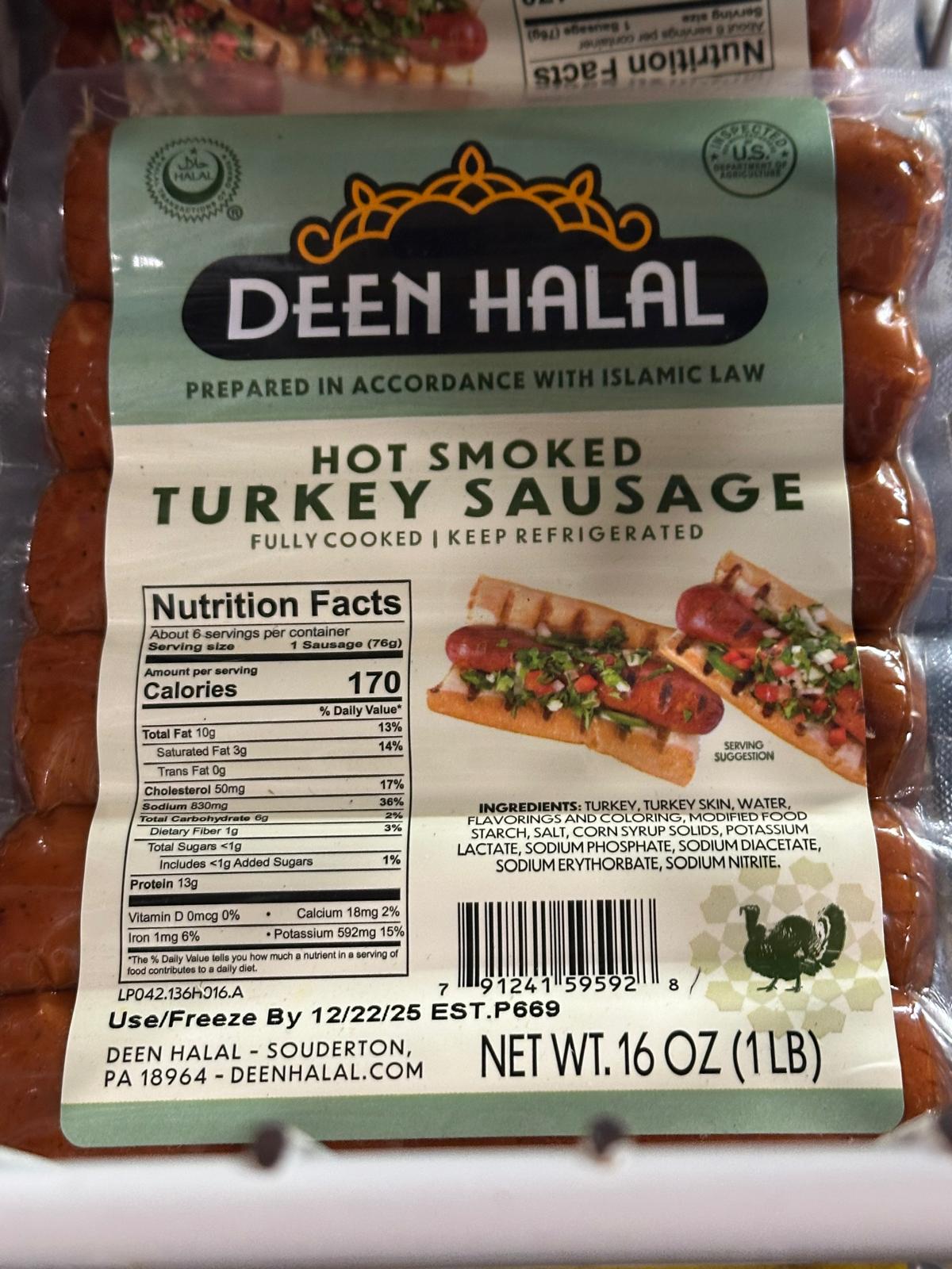 HOT SMOKED TURKEY SAUSAGE Halal
12 lbs
Deen Halal brand