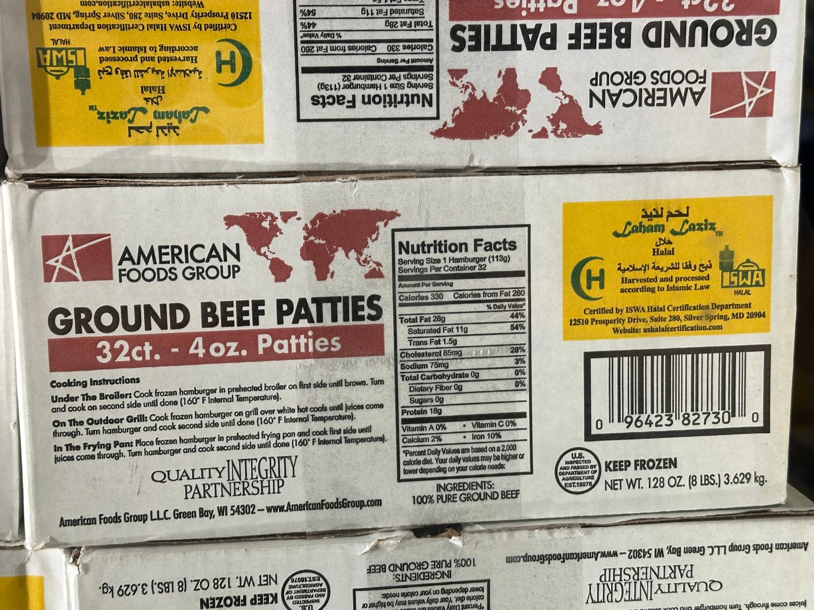 GROUND BEEF PATTIES Halal
32ct. - 4 oz. Patties
AMERICAN FOODS GROUP brand